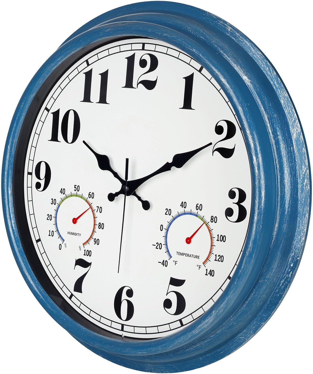 JENLYSTIME 12 Inch Indoor/Outdoor Retro Waterproof Wall Clock with Thermometer Silent Round Quartz Battery Operated Easy to Read Decorative for Kitchen Patio,Bathroom,Deck,Porch,Pool(Blue)