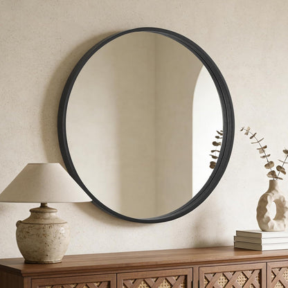 WallBeyond Wood Round Mirror with Wood Frame 24 inch Circle Wall Mirror for Bathroom Round Wall Mirror for Wall Decor, Vanity, Entryway Living Room (Walnut)