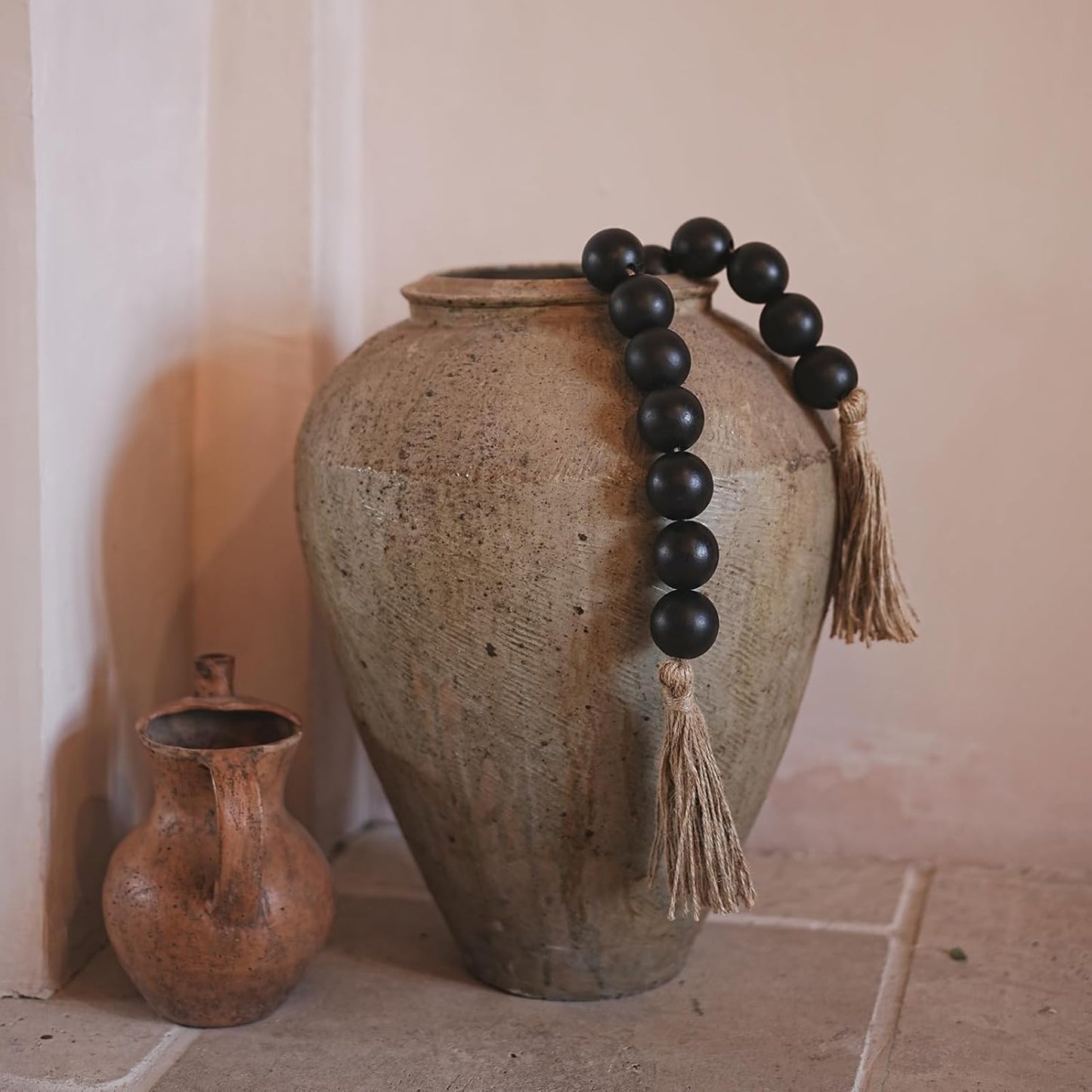 Extra Large Wood Bead Garland with 1.6" Diameter Wood Beads, Wooden Beads Garland with Tassels, Decorative Beads, Farmhouse Beads Home Decor (Nature Beige, 41 Inches)