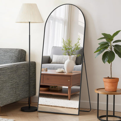 Mirror Full Length 64"x21" Full Body Floor Mirror with Stand, Shatterproof Glass, Aluminum Alloy Frame, Free Standing Wall Mounted or Leaning Arched Mirrors for Bedroom Living Room Entryway