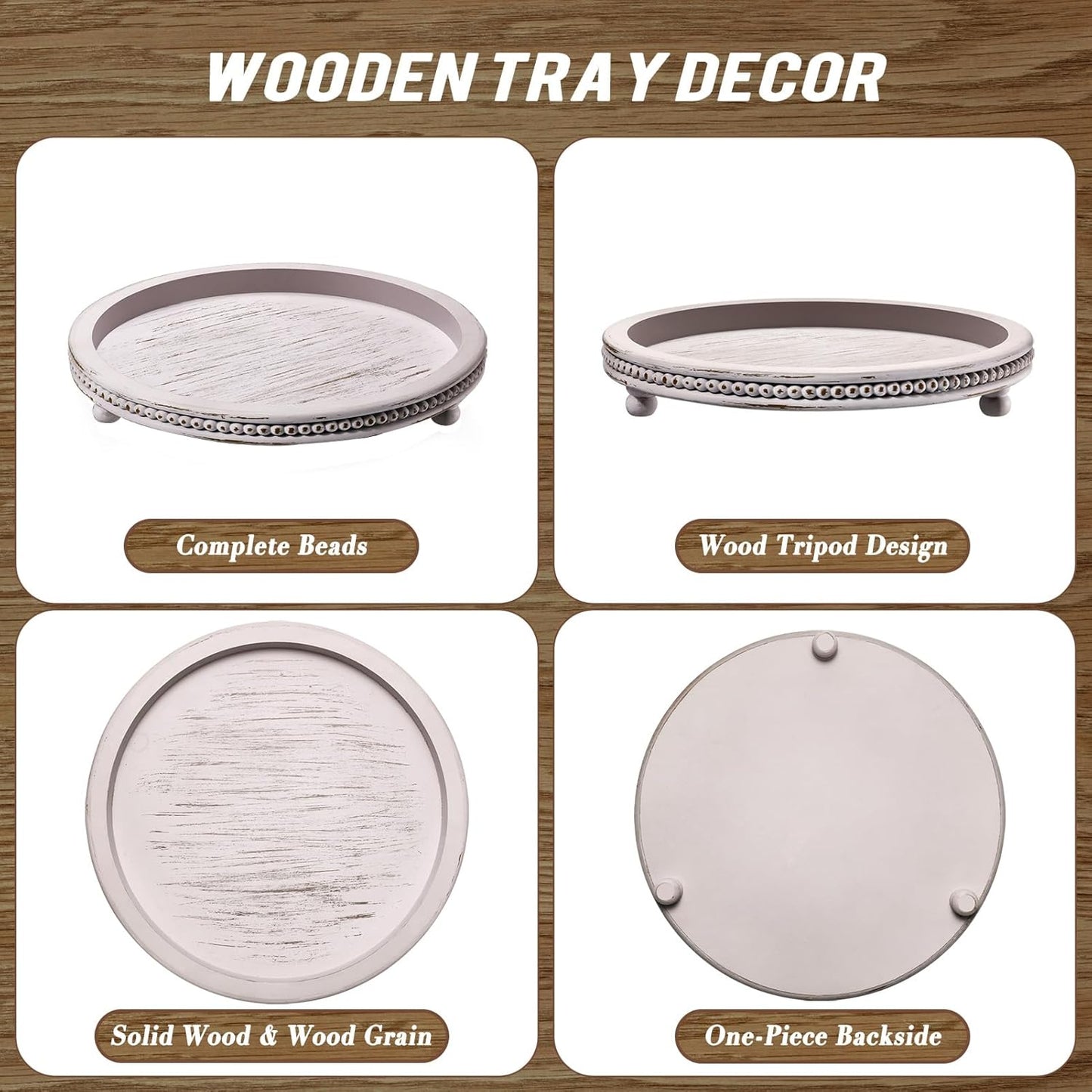 KULEDM Handmade Wooden Decorative Tray, Small Beaded Coffee Table Tray Decor, Sage Round Serving Tray for Coffee Table, Dining Room Table Entryway and Living Room Table