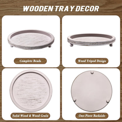 KULEDM Handmade Wooden Decorative Tray, Small Beaded Coffee Table Tray Decor, Sage Round Serving Tray for Coffee Table, Dining Room Table Entryway and Living Room Table
