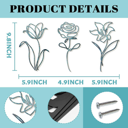 Oubasa Metal Flowers Wall Art Set of 3, Farmhouse Floral Home Decoration, Modern Line Art Flower Wall Decor for Living Room Bedroom Bathroom, Minimalist Botanical Wall Sculpture – Lily, Tulip, Rose