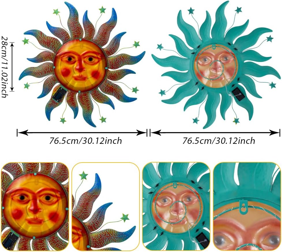 Large Metal Sun Wall Decor Outdoor, 27 Inch Sun and Moon Decor Metal Wall Art, 3D Sun Wall Decor for Patio Garden Yard Fence Bedroom Living Room Decoration