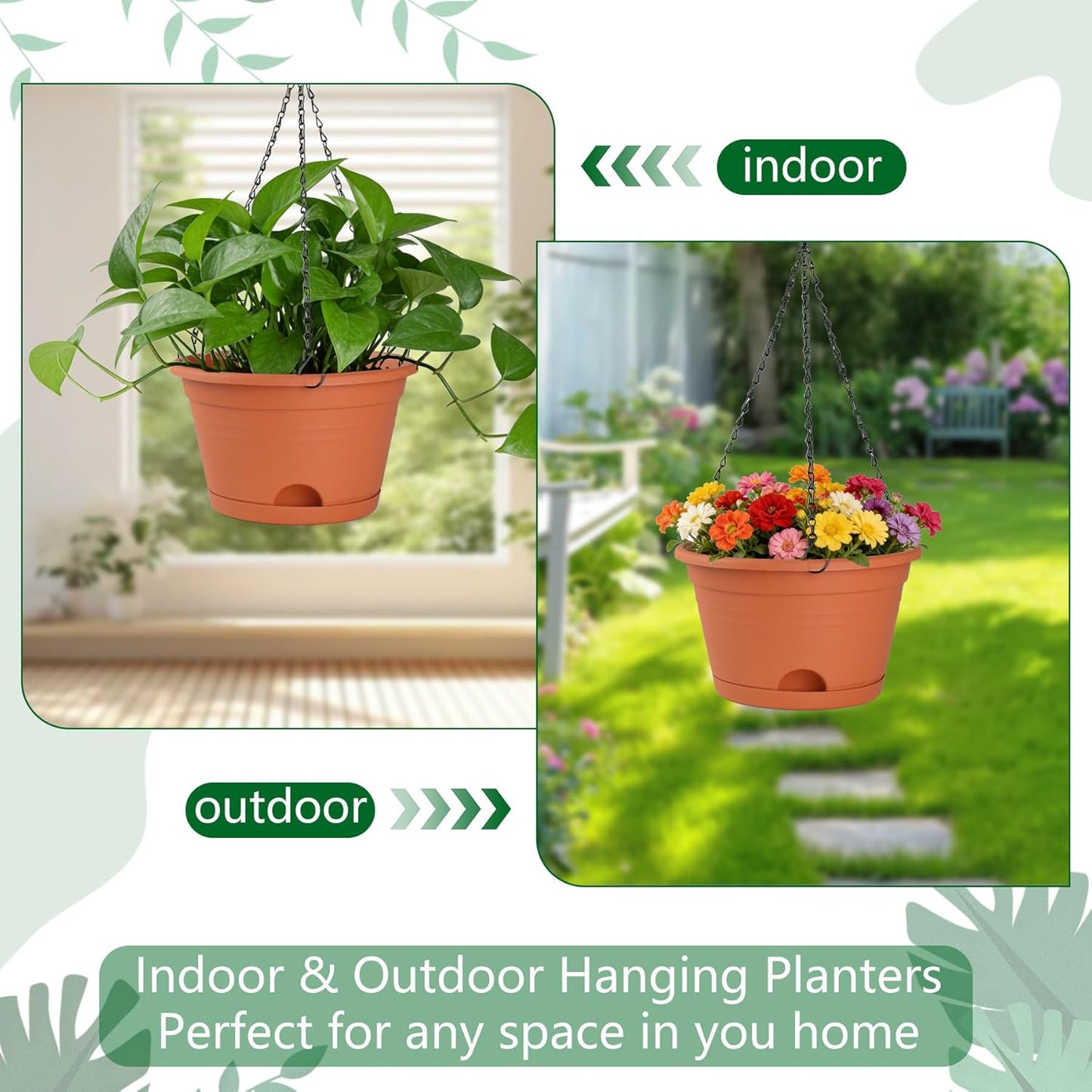 Nooulap 4 Pack Hanging Planters, 10 Inch Hanging Plant Pot with Hanger Chain & Drainage Trays, Hanging Baskets for Plants Outdoor Indoor, Flowers Pots for Home, Garden, Porch Decor (Black)