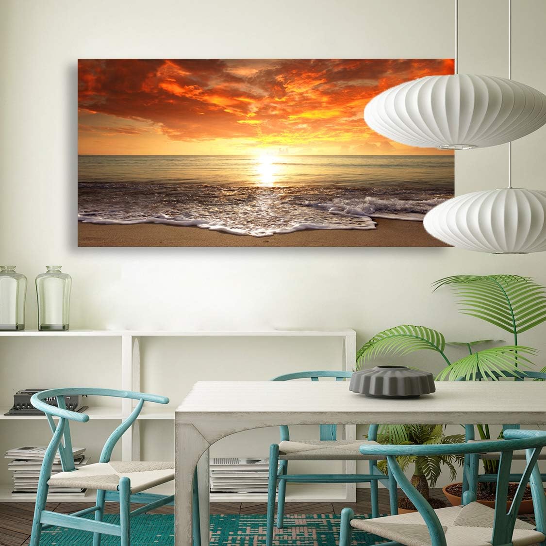 Baisuart S02250 Canvas Prints Wall Art Beach Sunset Ocean Waves Nature Pictures Stretched Canvas Wooden Framed for living Room Bedroom and Office
