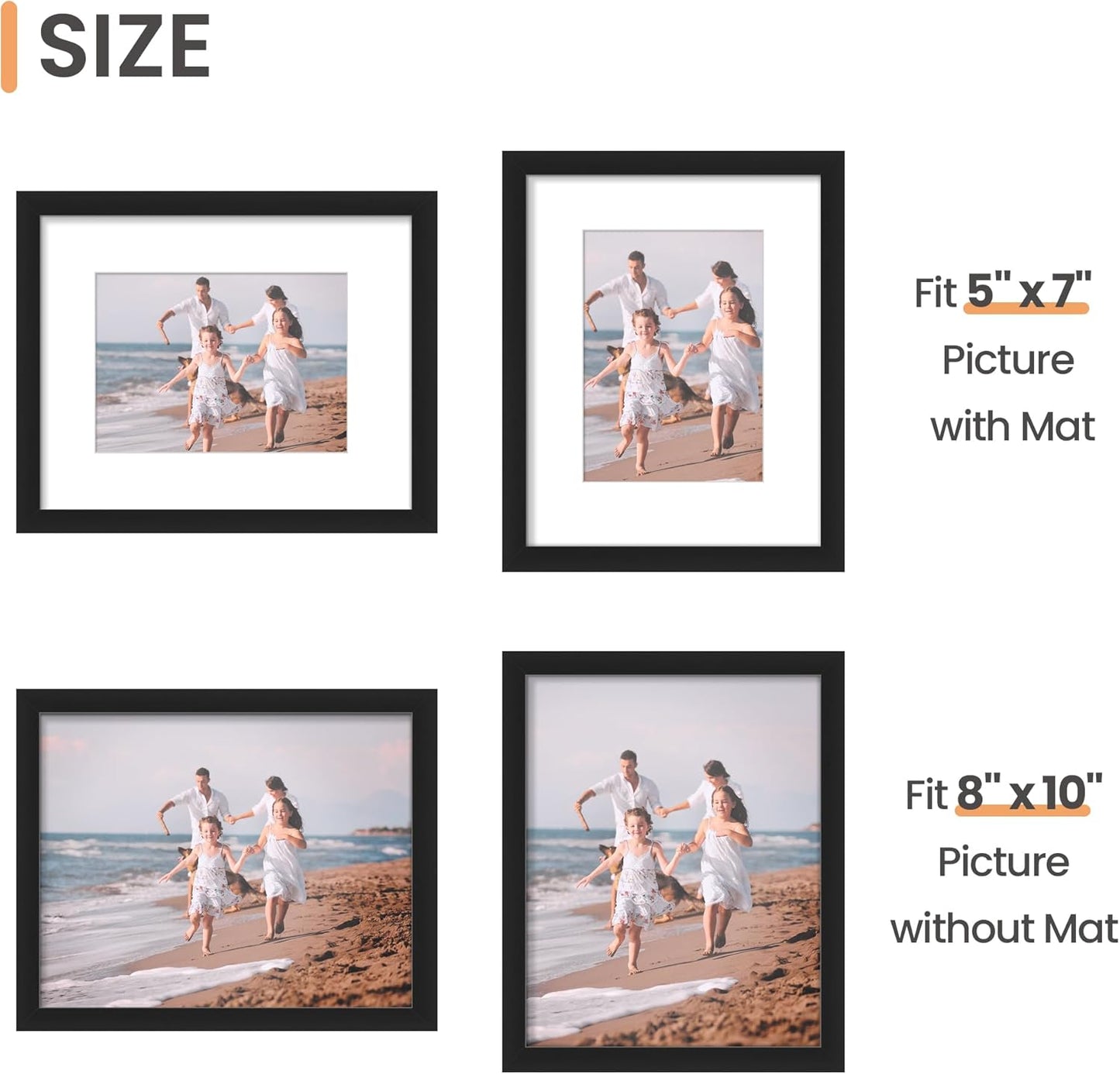 upsimples 5x7 Picture Frame Set of 10, Display Pictures 4x6 with Mat or 5x7 Without, Multi Photo Frames Collage for Wall or Tabletop Display, Black