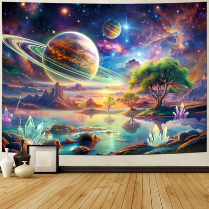 Blacklight Galaxy Space Tapestry UV Reactive Planet Wall Hanging Magical Trees Tapestries Cosmic Mountain Landscape Wall Decor Aesthetic Starry Night Backdrop for Bedroom
