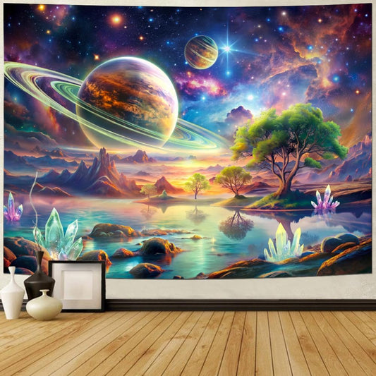Blacklight Galaxy Space Tapestry UV Reactive Planet Wall Hanging Magical Trees Tapestries Cosmic Mountain Landscape Wall Decor Aesthetic Starry Night Backdrop for Bedroom