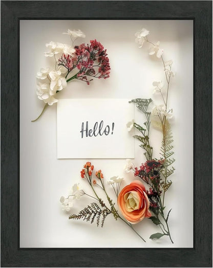 FrameWorks 11” x 14” Dark Oak Wooden Shadow Box Frame – Display Case with Soft Felt Back, Memory Box with Tempered Glass, Display Box with Elegant White Ball Push Pins, Wooden Flower Box