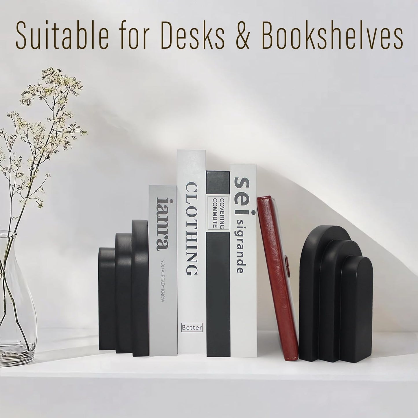 LIN CHUAN Heavy Duty Bookends for Shelves, 6.6 LBS Heavy Book Ends for Heavy Books, Decorative Modern Bookends with Faux Sandstone Look, Layered Arch Book Stopper for Bookshelf Holder Set of 2, Beige