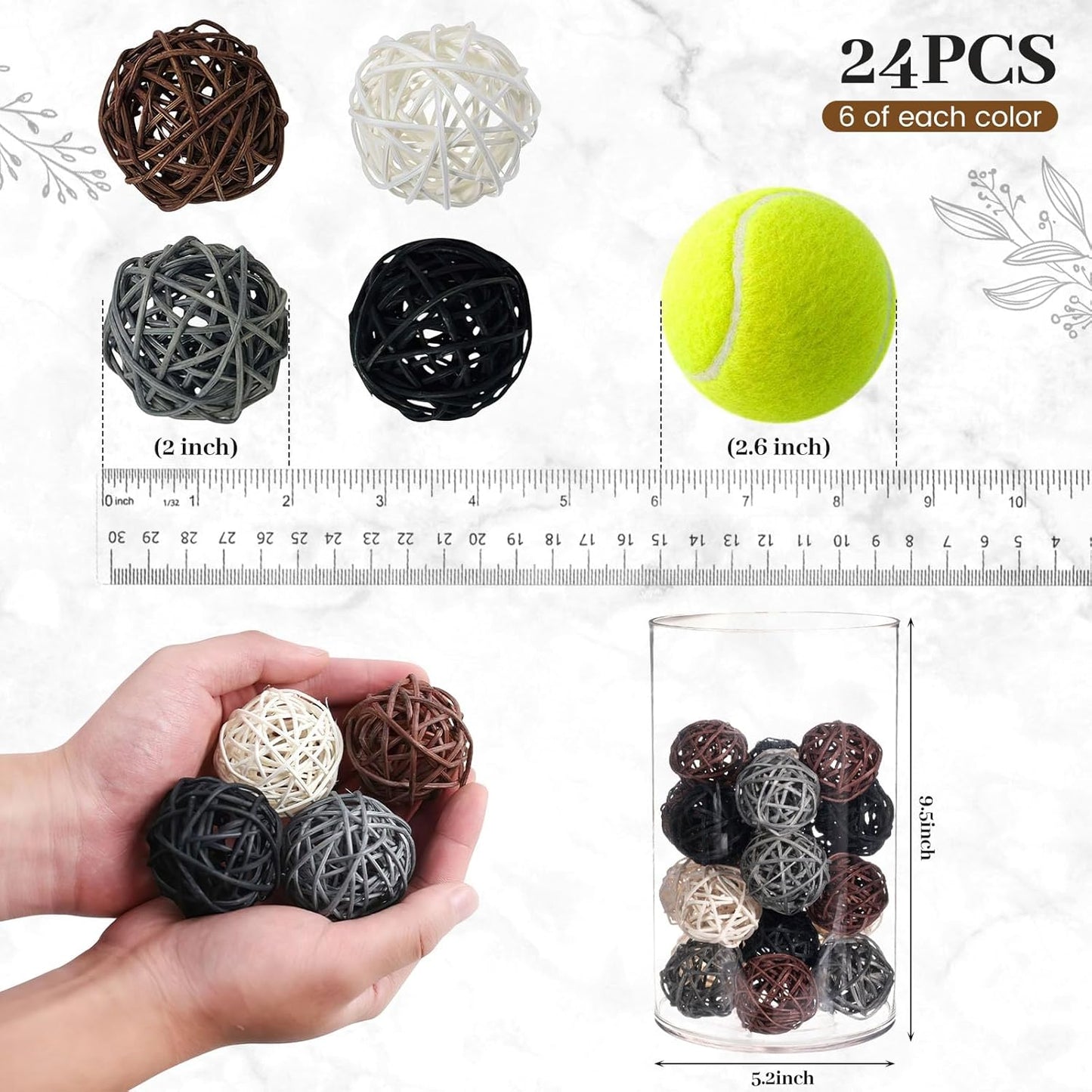 DomeStar 24PCS Brown Decorative Balls for Bowl Centerpiece, 2 Inch Rattan Balls Bowl Fillers Decor - Wicker Twig Orbs Spheres, Wedding Home Vase Table Decor