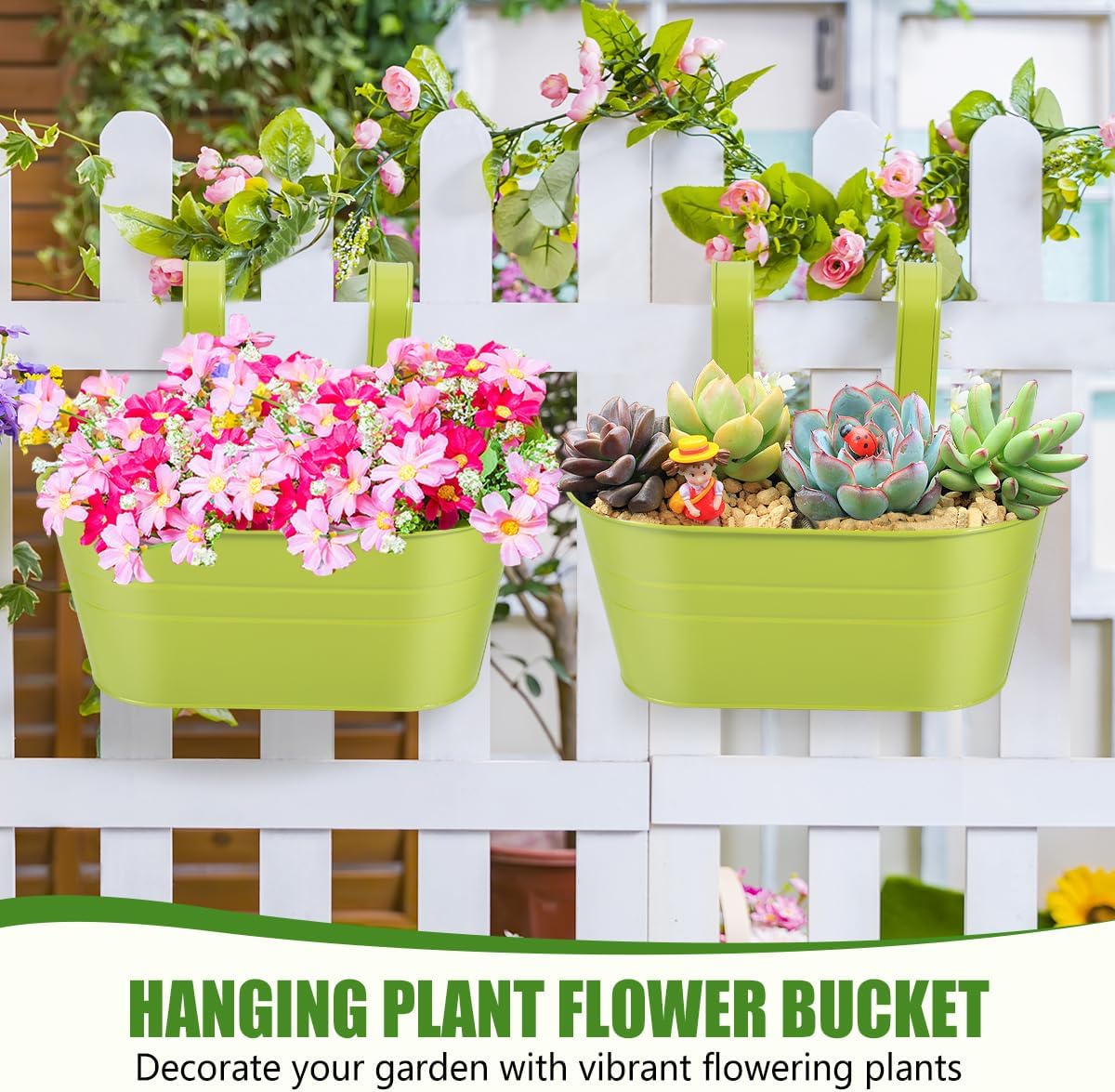 OBTANIM 4 Pack Metal Hanging Flower Pots Iron Railing Planter Outdoor Fence Hanging Pots Bucket Plant Holder with Detachable Hooks Drain Holes for Home Garden Yard Decor (Black)