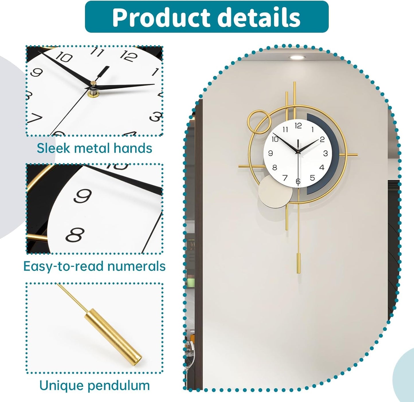 Wall Clock for Living Room Decor Decorative Wall Clock with Pendulum Silent Quartz Battery Operated Black Metal Large Clock for Dining Room,Kitchen,Home,Bathroom,Bedroom,13.8x21.3 in