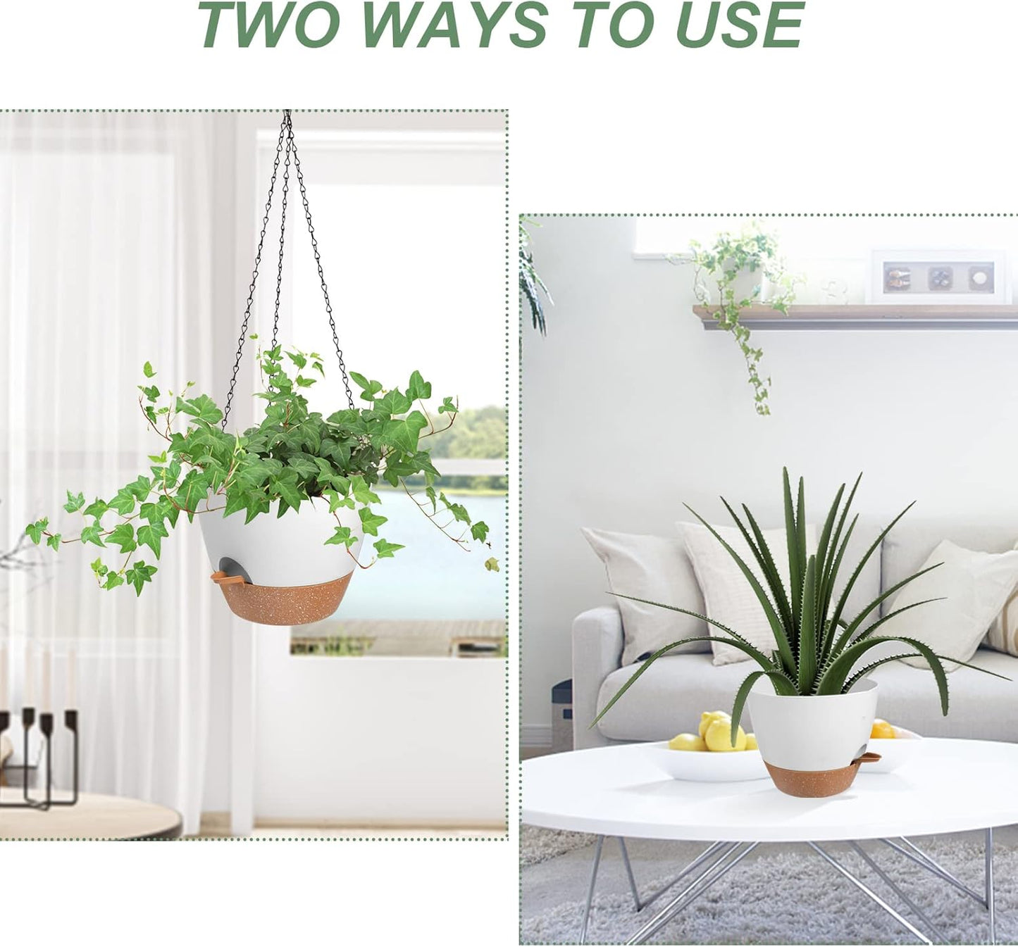 Vanslogreen Hanging Planters for Indoor Outdoor Plants, 2 Pack Self Watering Hanging Pot with Drainage Holes & Removable Tray (Black, 8'')