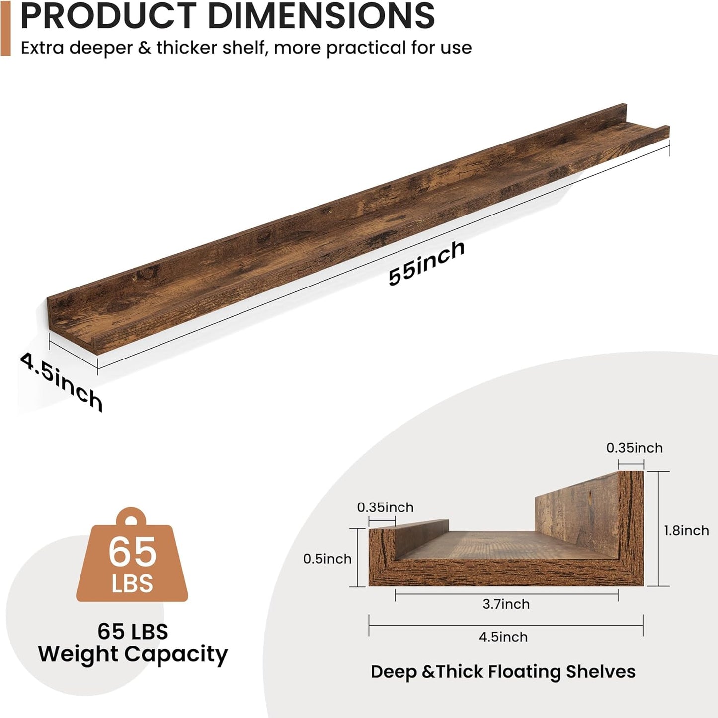 Fun Memories Picture Ledge Shelves Set of 2, 32 Inch Rustic Wall Mounted Floating Shelves with Lip for Home Storage and Décor in Bathroom, Kitchen, Nursery, Bedroom, Living Room, Walnut