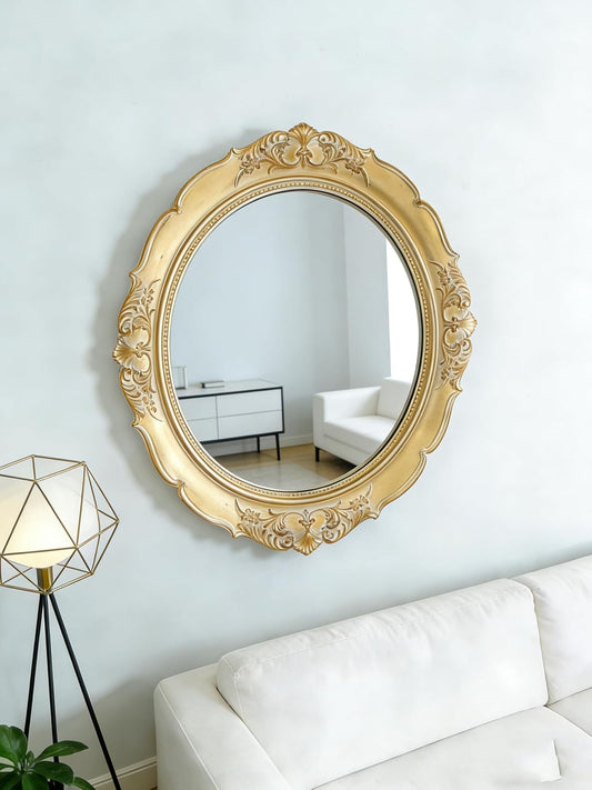 Round Resin Vintage Mirror, Wall-Mounted Decorative Mirror, Retro Hanging Mirror for Entryway, Corridor, Bedroom, Living Room Vanity (Vintage Gold 14.5X13 Inch)