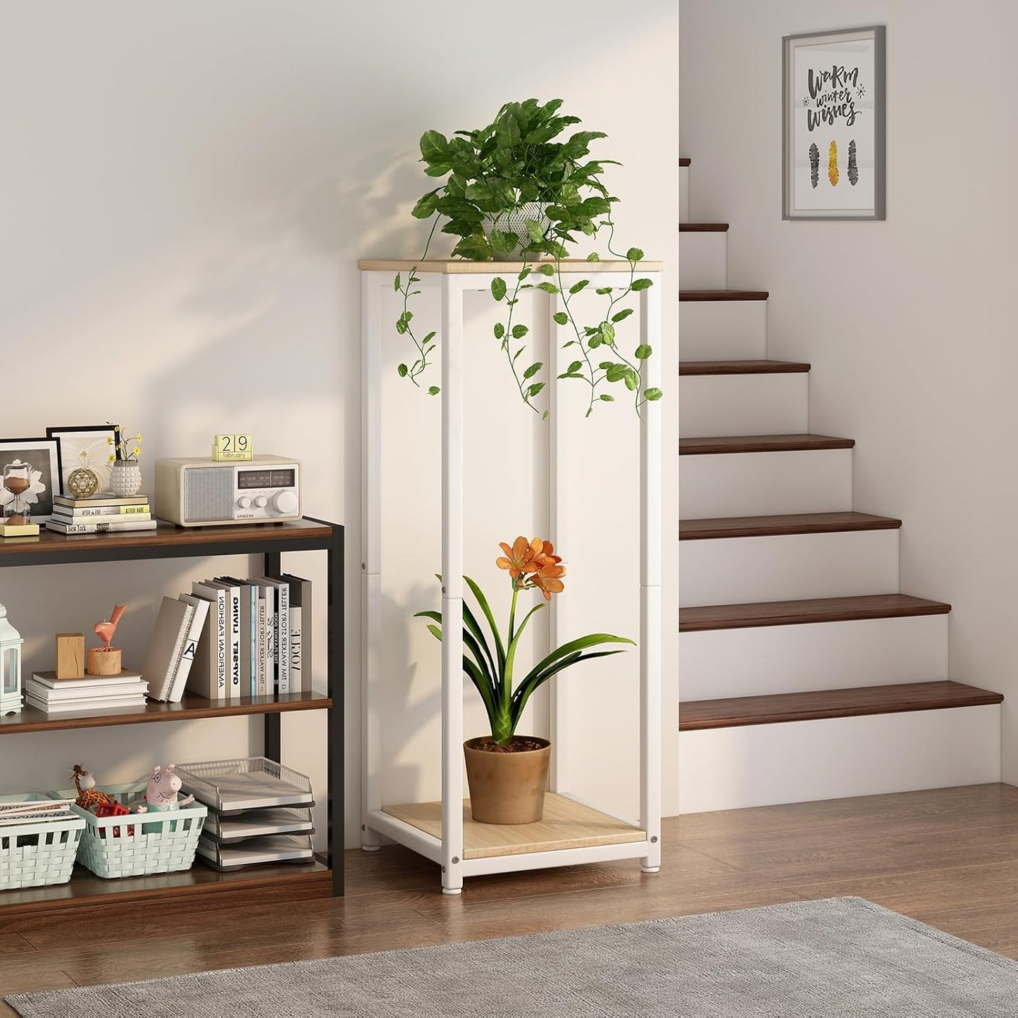 Plant Stand Indoor Corner Tall 2 Tier Metal Modern Flower Storage Plant Shelf Holder for Living Room Balcony Garden,Black (2 Tier-Black Round)