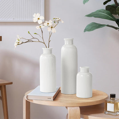 Small White Ceramic Vase Set of 3, Boho Modern White Flower Vase Room Decor, Farmhouse Decor, Vases for Your Kitchen, Bathroom, Bedroom, Living Room, Office&Shelf Centerpiece Table Decorations
