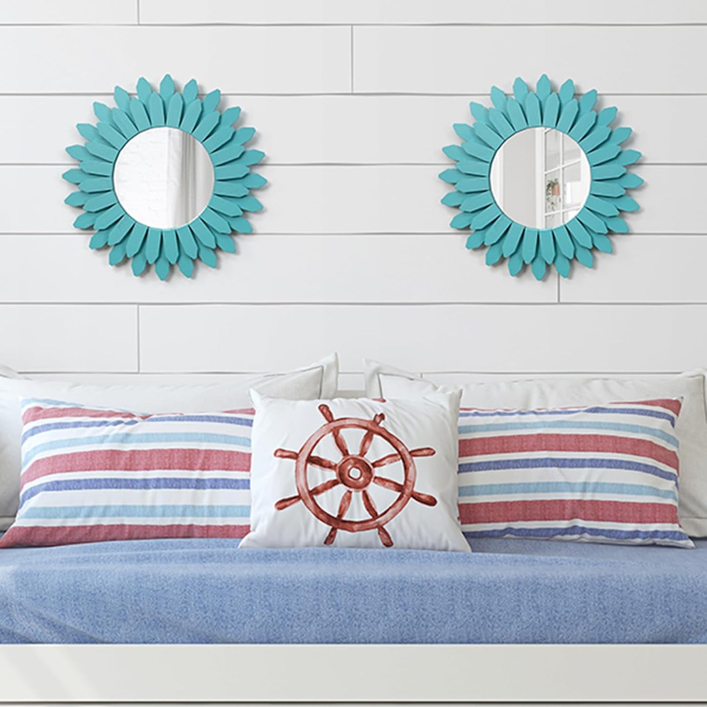 Honiway Wall Mirror Decorative 12 inch Rustic Wood Mirror Sunburst Boho Mirror for Entryway Bedroom Living Room Bathroom House Warming Gifts New Home Essential Carbonized Black