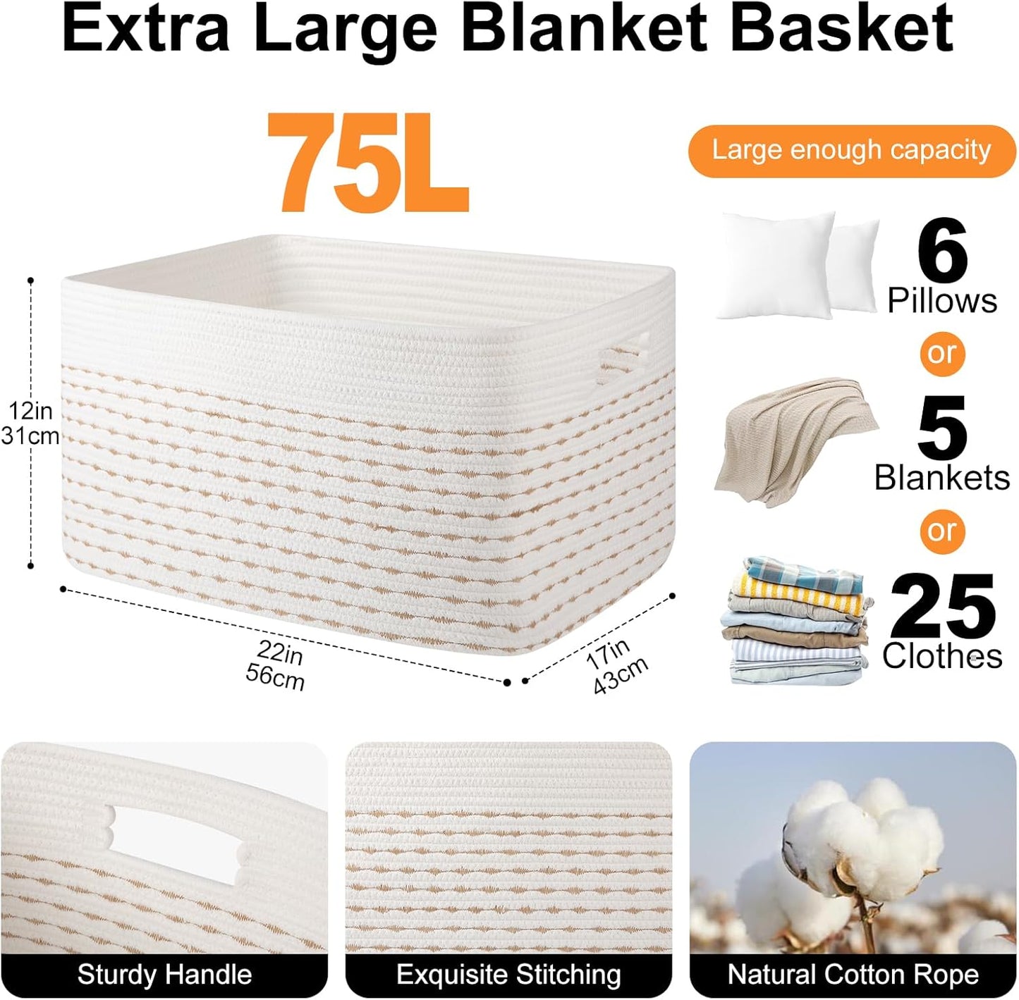 OIAHOMY 75L Large Woven Cotton Rope Storage Basket with Handle for Organizing Blanket and Toys for Living Room, Nursery, Brown Variegated 22”x17”x12”