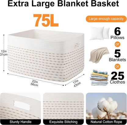OIAHOMY 75L Large Woven Cotton Rope Storage Basket with Handle for Organizing Blanket and Toys for Living Room, Nursery, Brown Variegated 22”x17”x12”