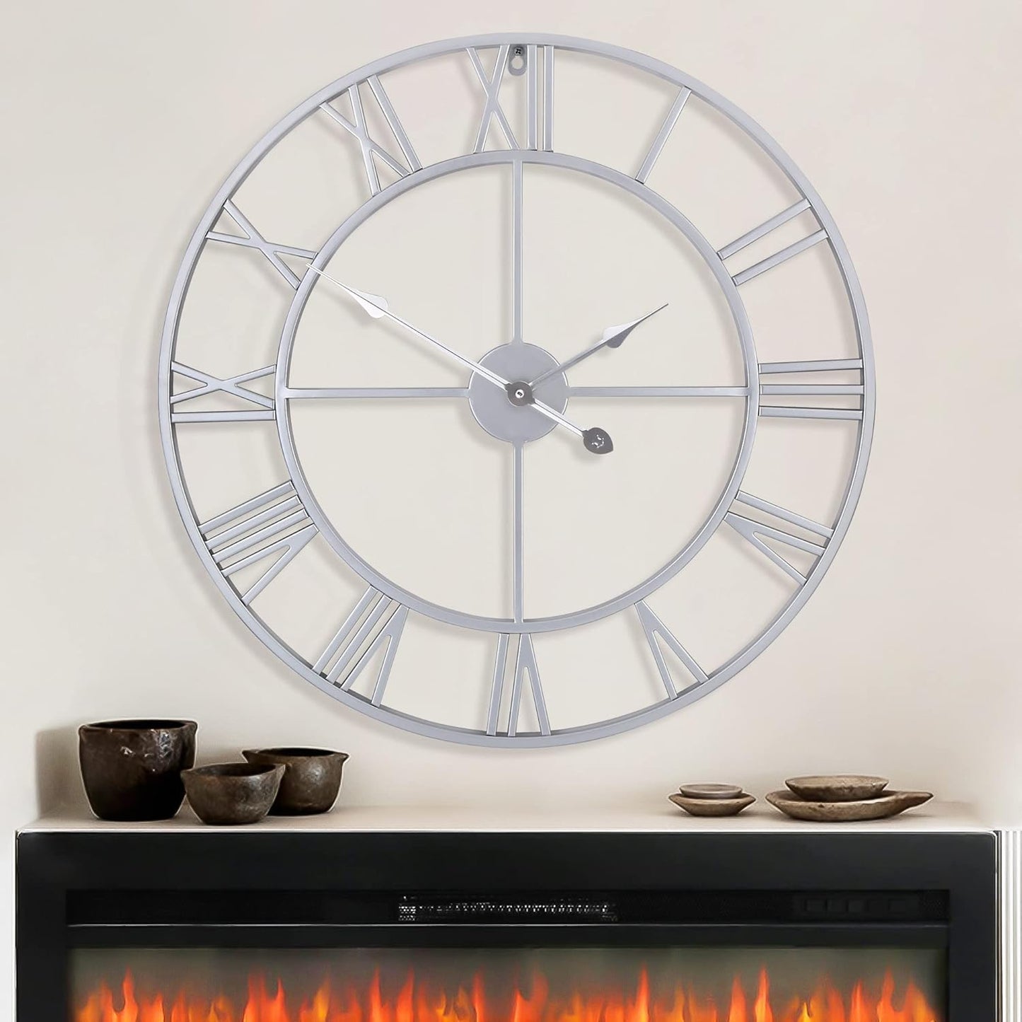 LEIKE 16" Large Wall Clocks Battery Operated, Round Modern Silent Non-Ticking Black Metal Wall Clock for Living Room Decor, Bedroom Kitchen (40cm Diameter, Black Roman Number)
