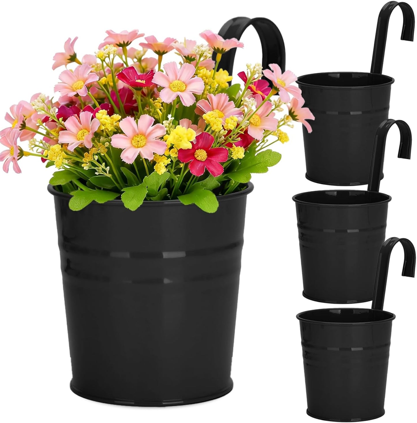 KINGLAKE Flower Pots,10 Pcs Metal Iron Hanging Flower Plant Pots Balcony Garden Plant Planter Baskets Fence Bucket Pot 4'' Flower Holders with Detachable Hook