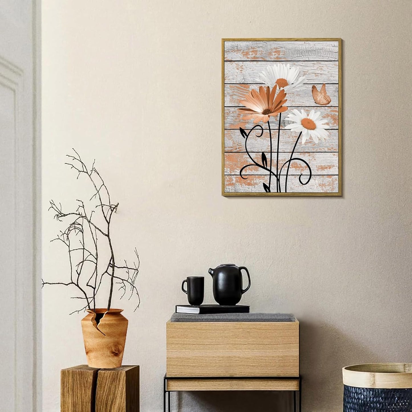 HVEST Farmhouse Floral Wall Art for Living Room, Blue and White Daisy Flower and Butterfly on Rustic Wood Board Canvas Wall Art Framed Artwork Ready to Hang for Bathroom Bedroom Decor, 16L X 12W