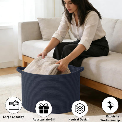 Large Woven Blanket Basket,65L Cotton Rope Laundry Basket Hamper with Handles, Decorative Nursery Basket Storage Bin for Toys, Clothes Organizer, Living Room, Bedroom, Bathroom, White & Brown