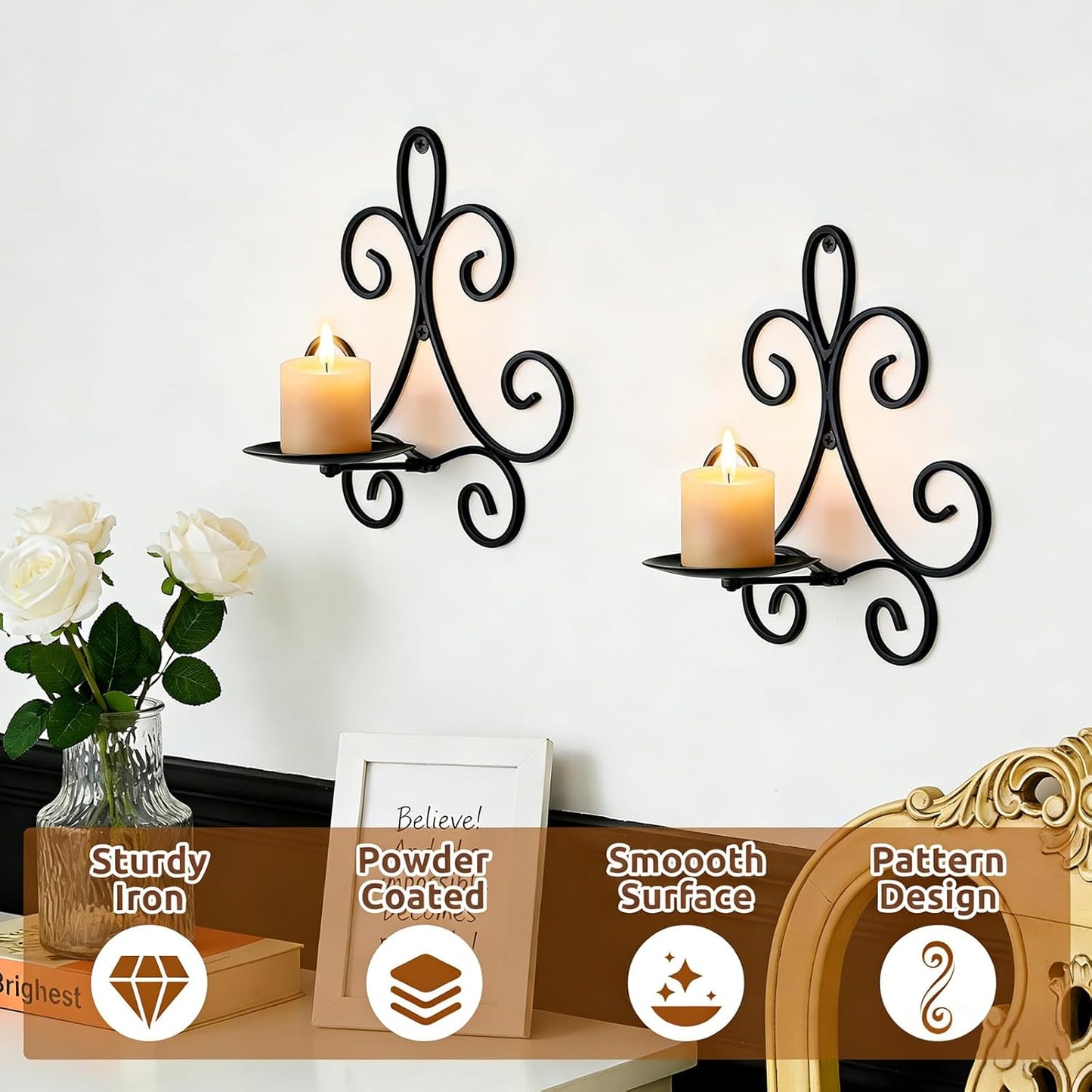 Wall Candle Sconces Set of 2, Double Scroll Pattern Candle Sconces, Metal Wall Candle Holder for Home Decor, Living Room, Dining Room, Bedroom, Black, Gifts for Men Women Mom or Dad
