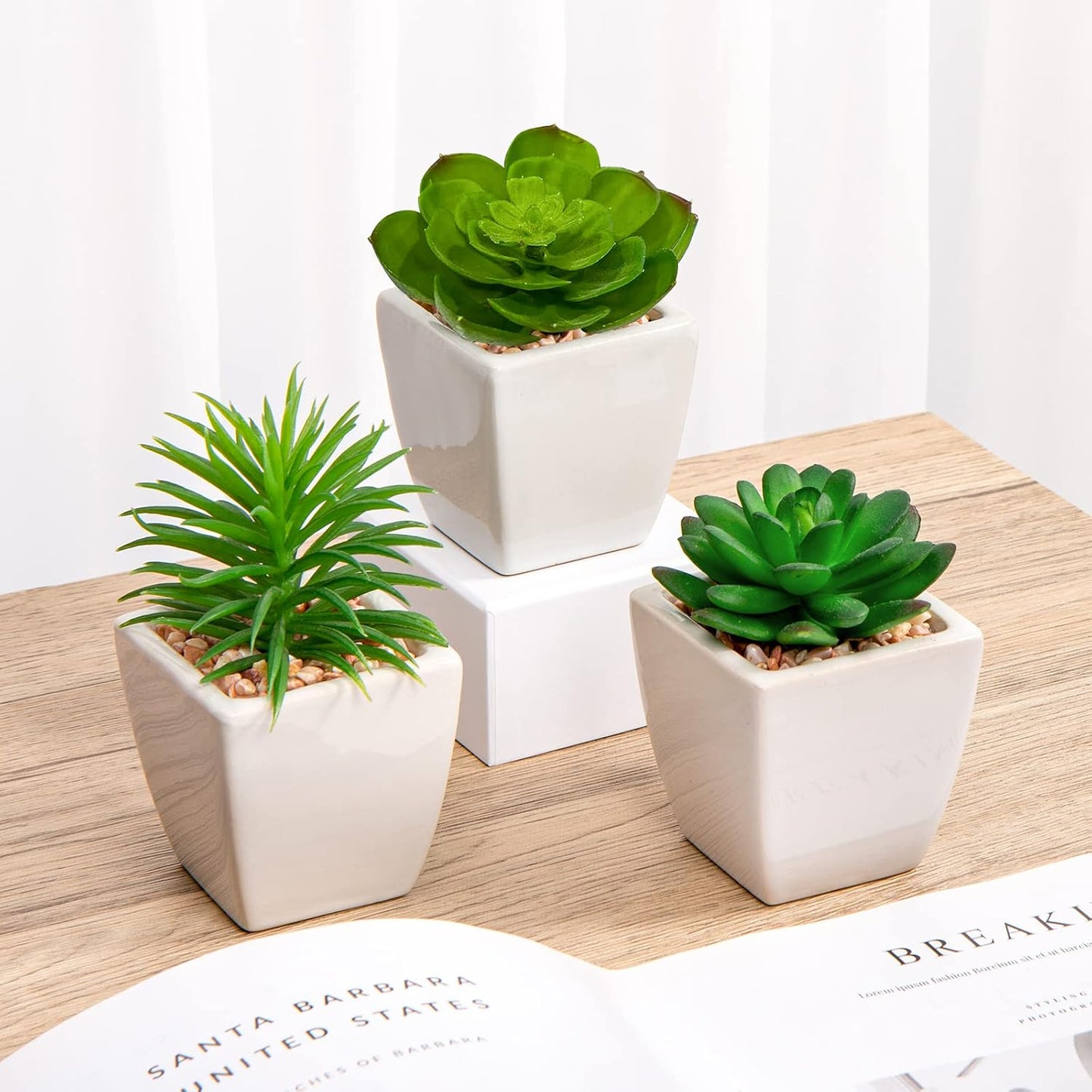 Briful Mini Fake Plants 4 Packs Succuletns Artificial Potted Plants in Cube Glass Vase Faux Succulents for Bathroom Living Room Kitchen Shelf Table Decor