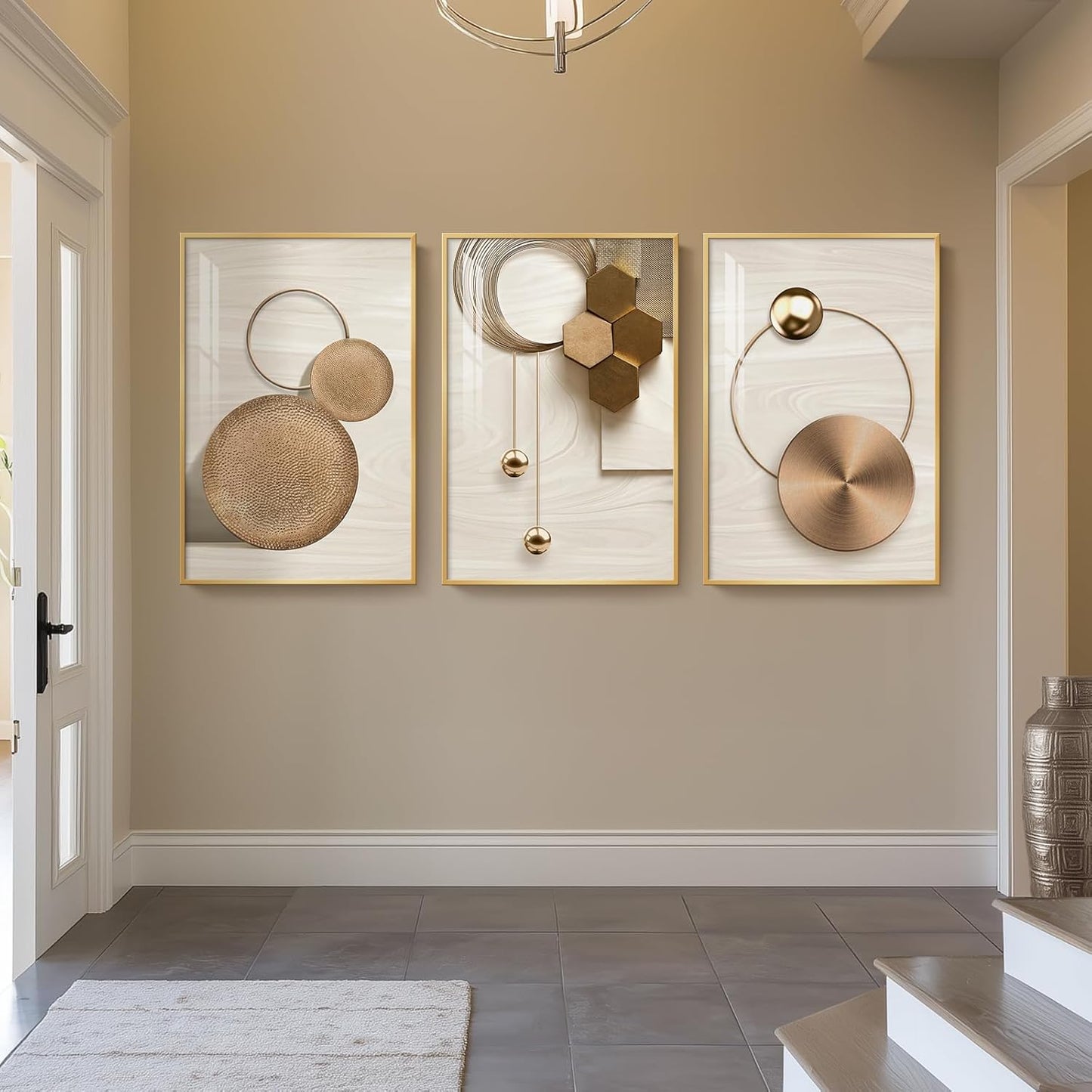 Framed Modern Luxury Gold Wall Art, Set of 3 Piece Contemporary Paintings Artwork for Walls, Golden Prints Pictures with Gold Frame, Wall Decor for Living Room, Hallway, Bedroom, Office 16x24 Inch