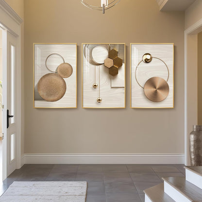 Framed Modern Luxury Gold Wall Art, Set of 3 Piece Contemporary Paintings Artwork for Walls, Golden Prints Pictures with Gold Frame, Wall Decor for Living Room, Hallway, Bedroom, Office 16x24 Inch