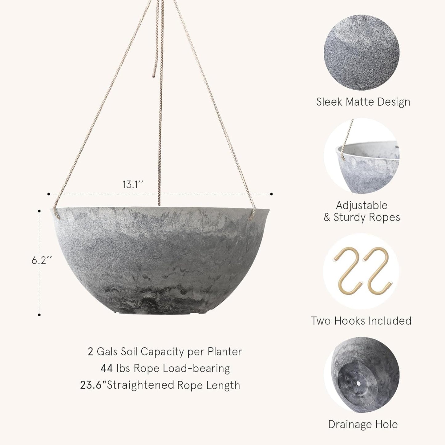 LA JOLIE MUSE Large Hanging Planters - 13 Inch Flower Pots Outdoor Indoor, Hanging Garden Planters Set of 2, New Iron Color