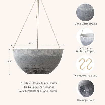 LA JOLIE MUSE Large Hanging Planters - 13 Inch Flower Pots Outdoor Indoor, Hanging Garden Planters Set of 2, New Iron Color
