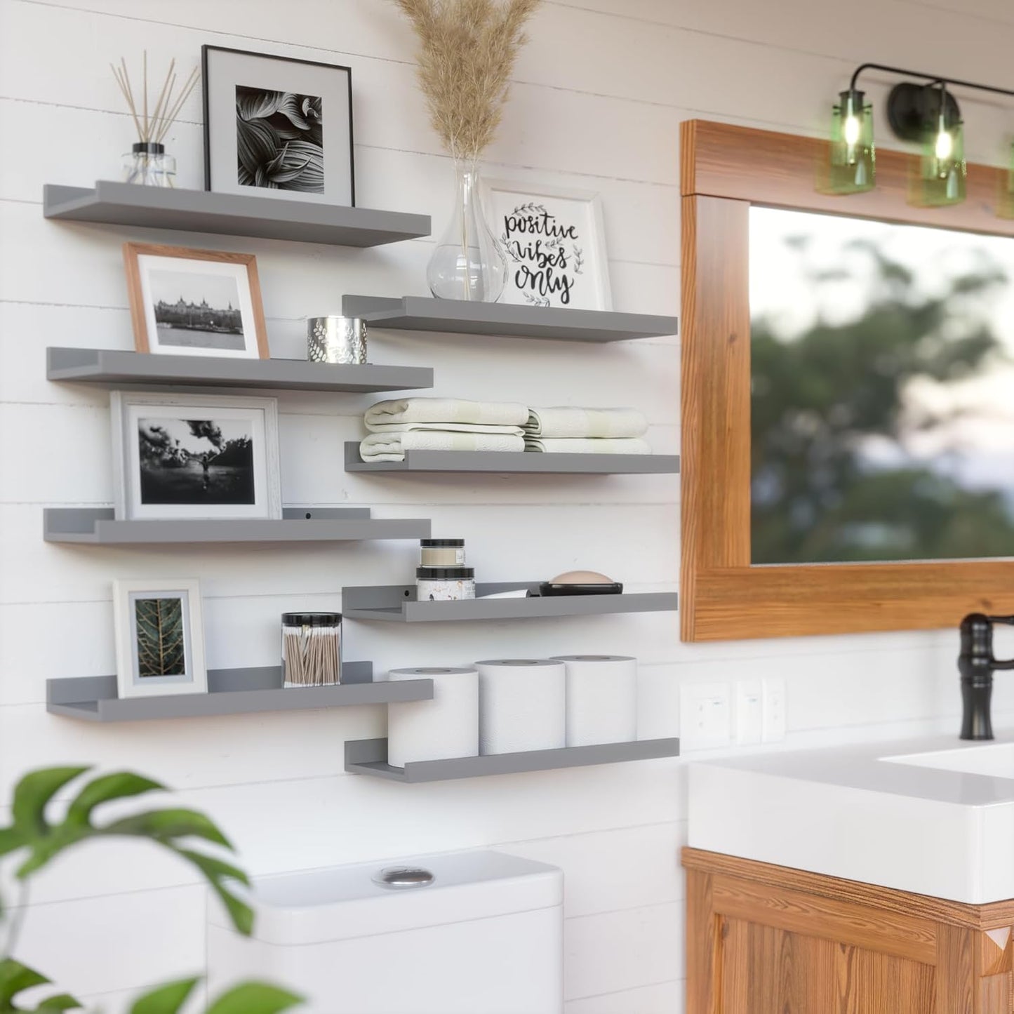RICHER HOUSE 5 Set Floating Wall Mounted Shelves, Black Shelves for Wall Decor, Modern Picture Ledge Shelf with Lip for Storage, Nursery, Bedroom, Living Room, Bathroom - Black