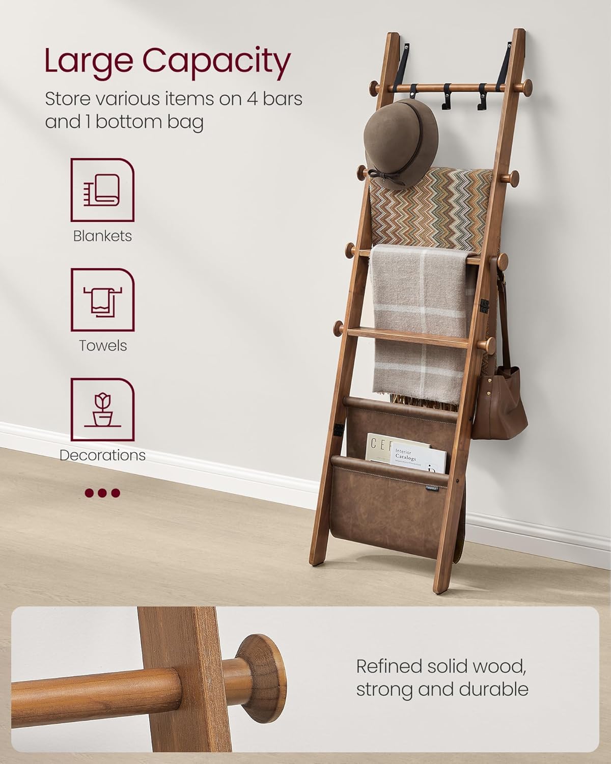 VASAGLE Blanket Ladder for Living Room, 5-Tier Wooden Ladder Shelf, Decorative Farmhouse Blanket Rack with Synthetic Leather Bag, Metal Hooks, Side Hooks, for Bedroom, Caramel Brown ULLS022K01