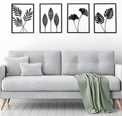 QXSXKJ Black Metal Wall Decor Framed, 3d Modern Metal Wall Art with Light, Minimalist Abstract Black Line Art DéCor, 4 Piece Home Art for Living Room Bedroom Bathroom