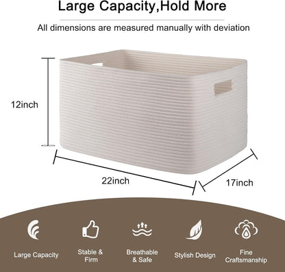 OIAHOMY 75L Large Woven Cotton Rope Storage Basket with Handle for Organizing Blanket and Toys for Living Room, Nursery, Brown Variegated 22”x17”x12”