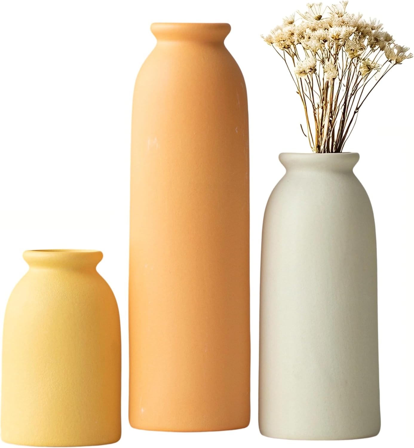 10.4 inches Tall Decorative Ceramic Vase Set, 3 Pieces, Nordic Modern Boho Style, White, Modern Farmhouse for Home Decor (Coffee Mix)