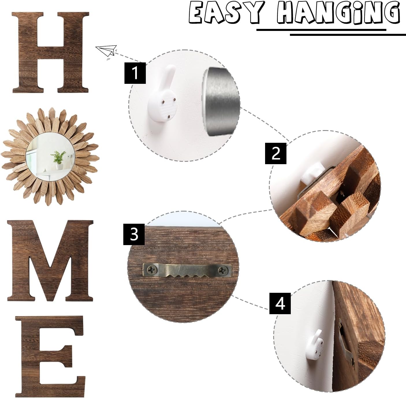 CHIF HAUTH Wood Home Sign with Sunflower Shaped Wood Mirror for O, Thick Letters for Wall Art, Rustic Decor, Farmhouse Home Wall Decor for Living Room, Entryway