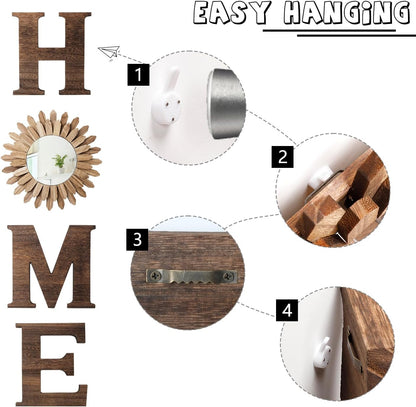 CHIF HAUTH Wood Home Sign with Sunflower Shaped Wood Mirror for O, Thick Letters for Wall Art, Rustic Decor, Farmhouse Home Wall Decor for Living Room, Entryway