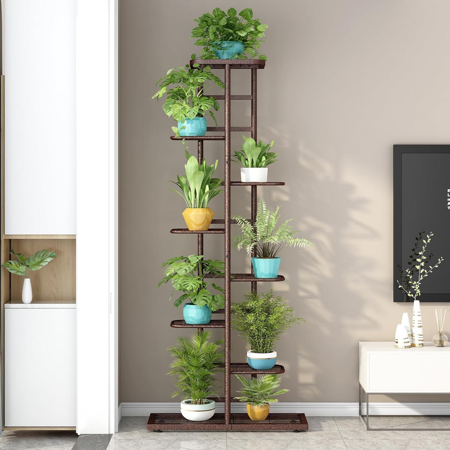 LINZINAR Plant Stand Indoor Outdoor Corner 4 Tier Metal Plant Shelf Patio Plant Rack for Garden Corner Balcony Living Room