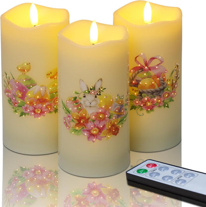 Eywamage Fiber Optic Flameless Pillar Candles with Remote Set of 3, Butterfly Floral Spring LED Candles Battery Operated Gift Φ 3" H 6"