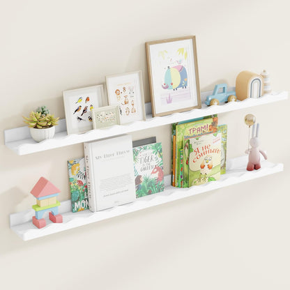Fun Memories Picture Ledge Shelf for Wall, 24 inch Pine Wood Nursery Book Shelves Set of 2- Wall Book Shelves for Kids Room, Home Decor - Kitchen Spice-White