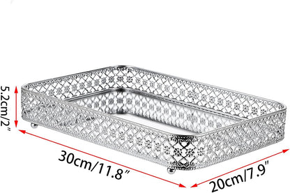 ELLDOO Perfume & Makeup Vanity Tray - Hollow-Carved Jewelry Storage, Glass & Metal Trinket Organizer for Dresser & Bathroom Countertop, Gold, Medium Size