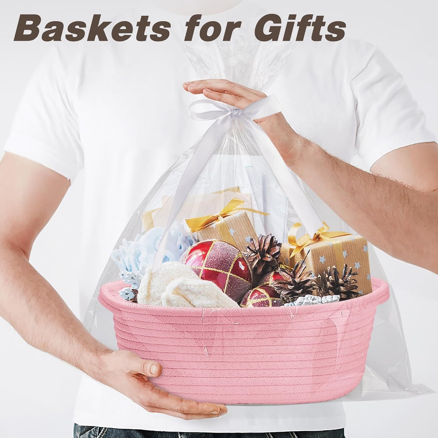 Pro Goleem Small Woven Basket with Gift Bags and Ribbons Durable Baskets for Mothers Day Gifts Empty Small Rope Basket for Storage 12"X 8" X 5" Baby Toy Baskets with Handles, White