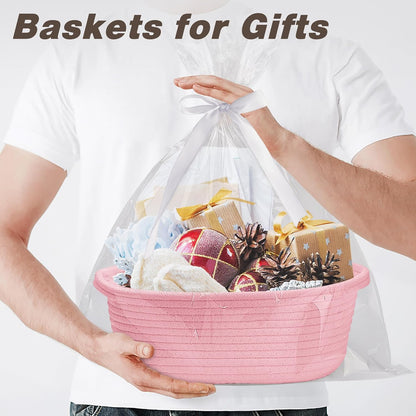 Pro Goleem Small Woven Basket with Gift Bags and Ribbons Durable Baskets for Mothers Day Gifts Empty Small Rope Basket for Storage 12"X 8" X 5" Baby Toy Baskets with Handles, White