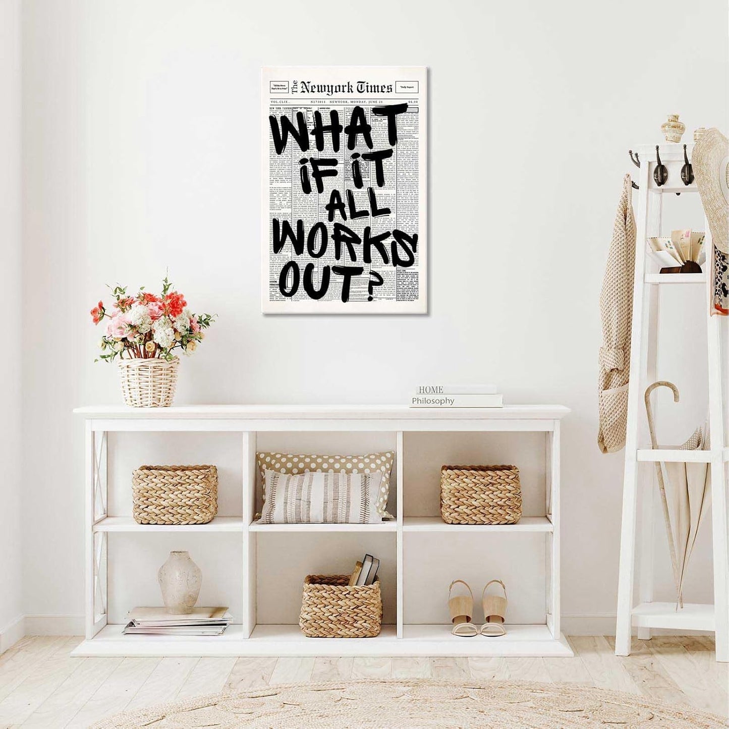 Retro Black And White Newspaper Poster What If It All Works Out Canvas Wall Art Positive Affirming Quote Minimalist Prints Painting For Home Bedroom Dorm Wall Decor 12x16in Unframed